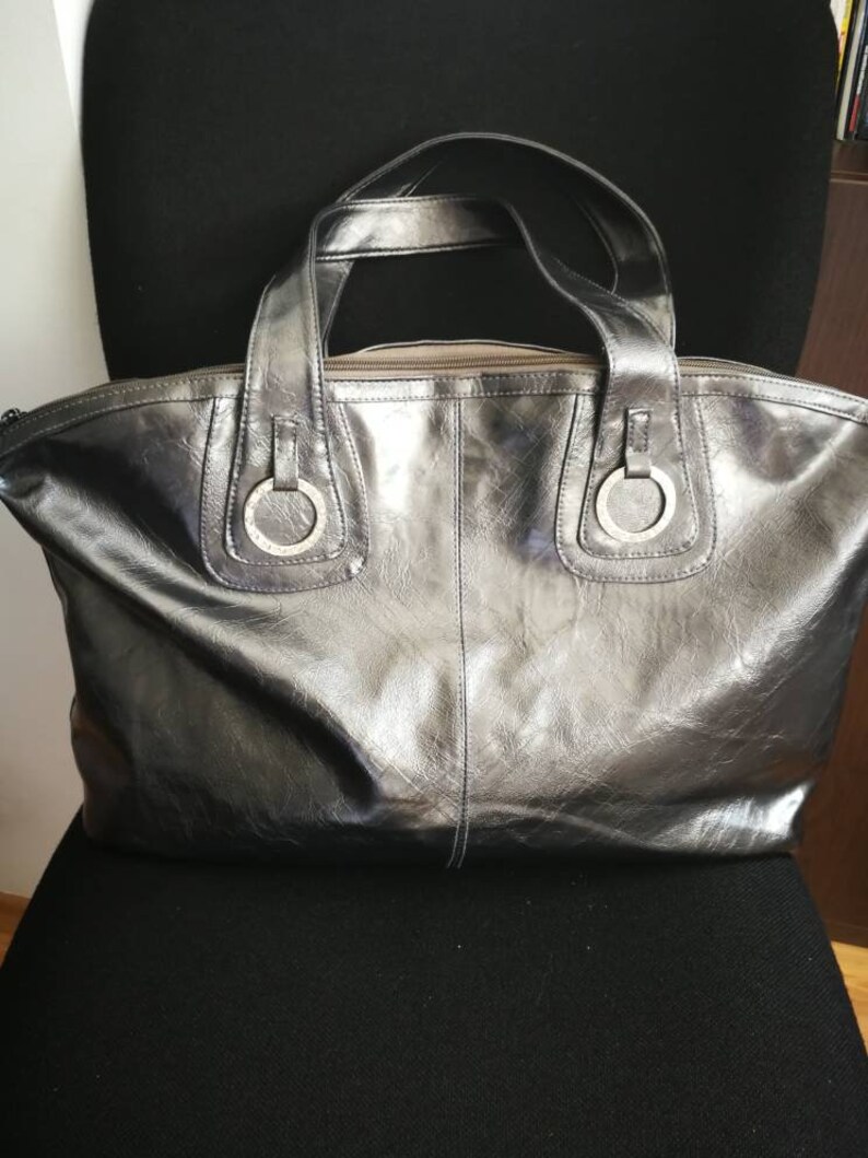 silver tote bag with zip