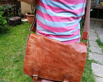 Used Look Vintage authentische Fossil Tan Aktentasche aus Leder Crossbody Tasche Messenger Bag, Fossil Tasche