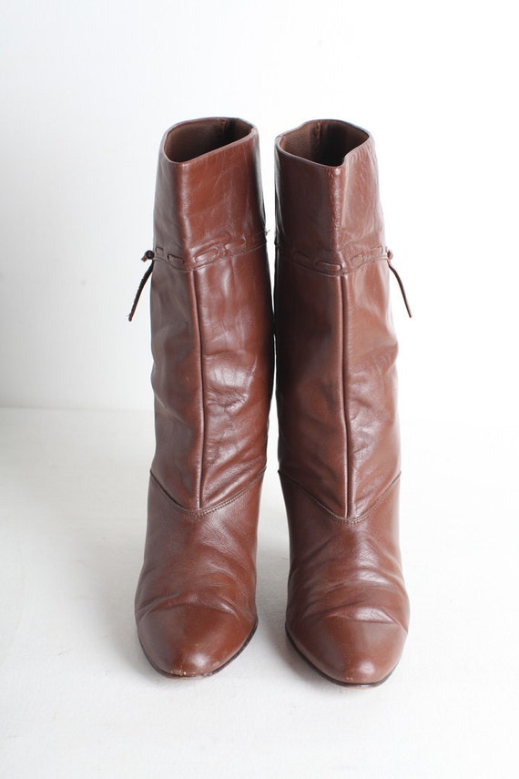 Size 7.5 Brown Leather High Heel Boots, 70s Women… - image 4