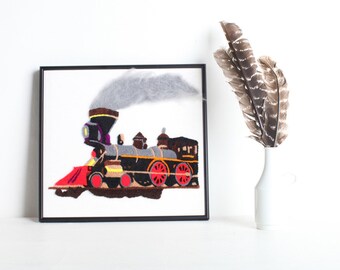 Vintage Kids Framed Punch Stitched Yarn Train Picture