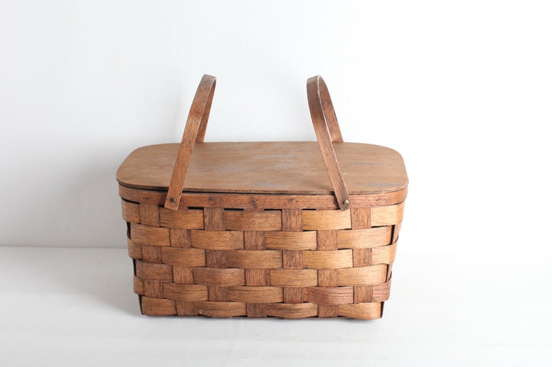 Vintage Brown Woven Picnic Basket Flip Top Basket Etsy