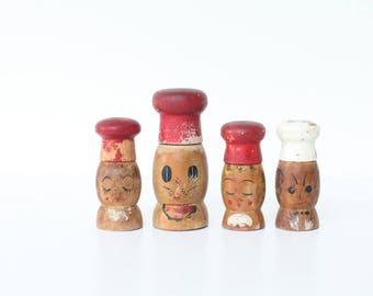 Vintage Wooden Salt and Pepper Shakers, Set of Four