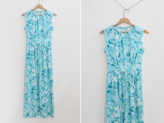 Vintage 60s Turquoise FloralMaxi Dress / 1960s 19… - image 1