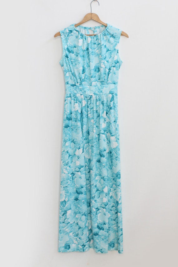 Vintage 60s Turquoise FloralMaxi Dress / 1960s 19… - image 4