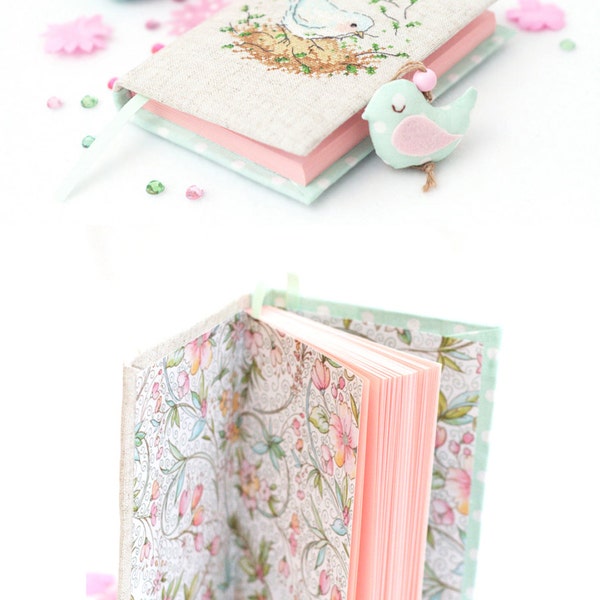 Bird notebook Embroidery cover Journal Pregnancy gift Romantic Diary Bird in the nest Shabby chic bird Wedding gift for her