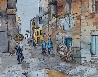 Acuarela vintage de una escena callejera marroquí, firmada en 1969.