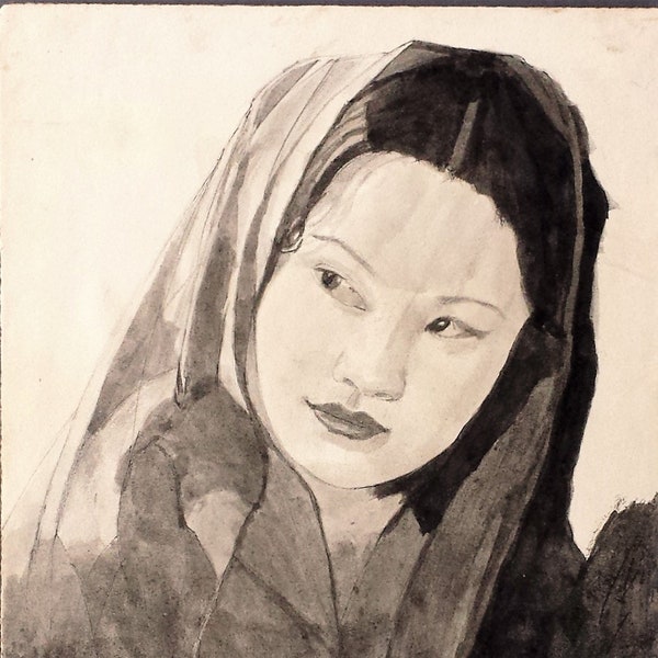 Modern British, Irish Portrait Painting Original Line And Wash Study Of An Oriental Lady By Artist Gerard Coghlan