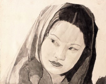 Moderne britisch, irische Porträtgemälde originale Linie und Waschstudie einer orientalischen Dame des Künstlers Gerard Coghlan