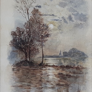 Pintura original de acuarela de paisaje de la época &quot;Luz de luna sobre un lago&quot; firmada por el artista.