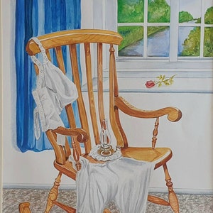 Country Cottage Interior, Window View With Rocking Chair Original Watercolour Painting