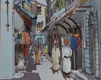 Tanzania, Zanzibar Bazaar East African Original Watercolor Painting