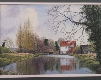 Acuarela fotorrealista de un molino de agua inglés, firmada por la artista Rita Ling.