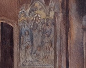 English Watercolour Church Interior, Font, Wall Carving, Pews And Interior