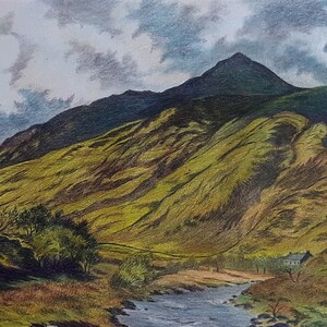 May include: A watercolor painting of a mountain range with a river flowing through the valley. The mountains are green and brown, and the sky is cloudy. There is a small house in the valley.