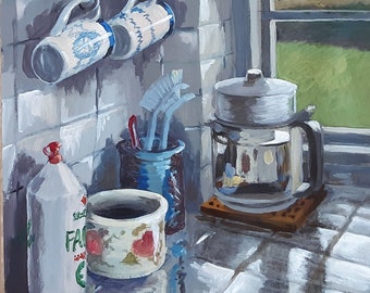 Modernes, großes Stillleben, Küche, Original Acrylgemälde, große Wandkunst, heimische Küche, Kaffeekanne, Tassen und Besteckkunst.
