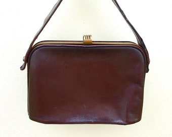 Antique 1930s Art Deco Brown Leather Handbag, Brass Clasp