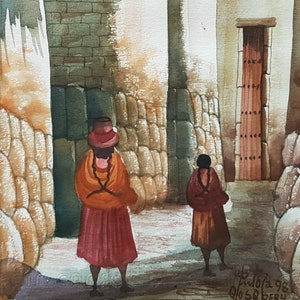 Peru, Street Scene With Figures Original Watercolour In Original Frame