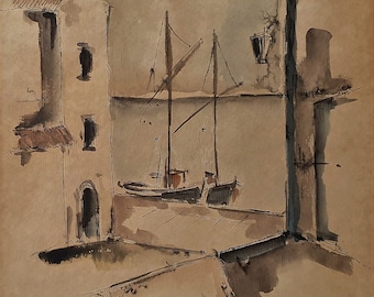 Küstenhafen, Segelboot Stift, Tusche und Aquarell