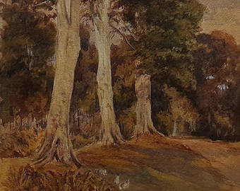 Viktoriansk engelsk skogsmark Antik original akvarellmålning: Konstnären R. Meadows 1887