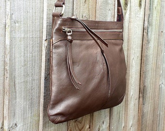 brown leather cross body messenger bag, bronze metallic sheen shoulder purse.