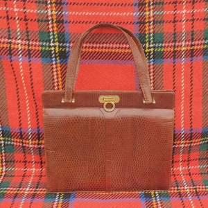 60s chestnut brown snakeskin leather top handle structured handbag, rigid frame leather purse, suede lined rockabilly bag