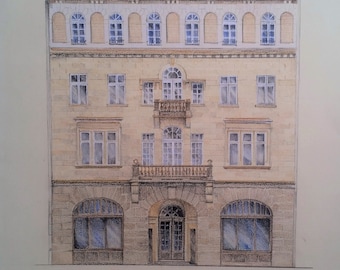Polonia, Cracovia, fachada de tienda, apartamentos, acuarela original arquitectónica, dibujo de tienda, ilustración arquitectónica europea.