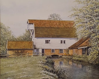 English Mill Watercolour Landscape Original Painting Signed By artist A.E. Rumsby Dated 1978