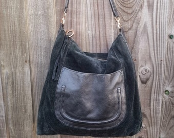 Vintage Black Suede Leather tote shoulder bag, large soft suede and leather messenger tote purse Accessorize Est 1984 Covent Garden London