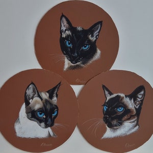 Siamese Cats, Watercolour/Gouache Original Set Of Three Paintings On Circular Plaques By R. Howlett, Feline Blue-Eyed Cats, Watercolour Art.