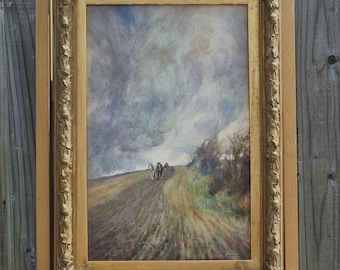 Antique Clydesdale Ploughing Original Watercolor Painting: 19th Century English Rural Scene