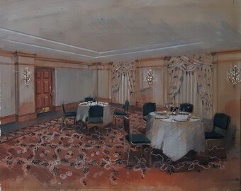 London Hotel Interior Design: Original Watercolor Illustration