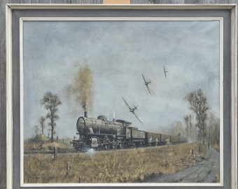 Grande dipinto ad olio originale incorniciato su tela tesa, treno a vapore della seconda guerra mondiale, treno di rifornimento tedesco, attacco Spitfire, artista Adrian Neal