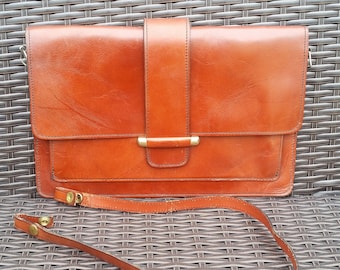 80's Leather Clutch Bag converts to Shoulder Bag, Vintage thick brown leather purse.