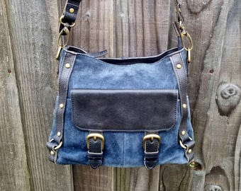 Bolso bandolera de ante azul y cuero negro, bolso de hombro estilo vintage.