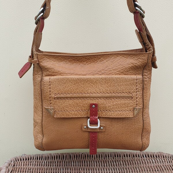 Radley London caramel brown leather cross body messenger bag, brown and red satchel shoulder purse