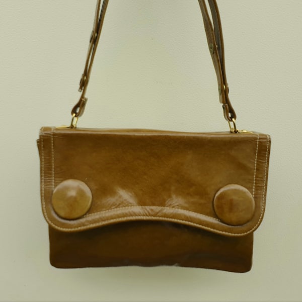 1960's mustard brown patent leather satchel shoulder bag, Swinging sixties / mod button leather top handle purse