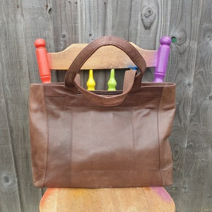 Brown Leather Tote Shoulder Bag, Vintage Chocolate Brown leather tote shopper, large mid brown leather purse, Laptop college Work day bag