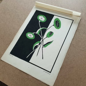 Pop Art, acquerello originale di fiori verdi in bianco e nero, pittura a guazzo, artista K Patricia Spence, New York Grand Central School Of Art