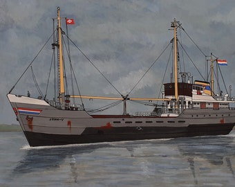 Cargo Ship Colne Series 'John-V'  1957 Original Gouache Illustration