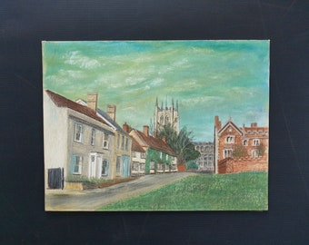 Paesaggio del villaggio inglese, passeggiata in chiesa, Melford, Suffolk, Inghilterra, pittura pastello originale
