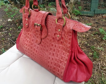 Red Croc print leather large hobo tote handbag, Pel Mel purse, Red leather satchel tote bag,