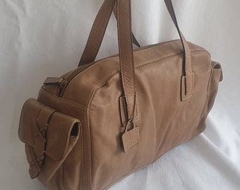 Tan Leather Satchel Shoulder Bag, Holdall Style Purse