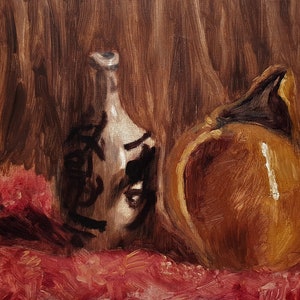 May include: An oil painting depicting a narrow-necked bottle with black abstract markings alongside a rounded, golden-brown gourd. The composition features a textured brown background and a vibrant red foreground, rendered with visible brushstrokes.