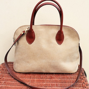Franchetti Bond Beige pebbled leather/ brown leather top handle plus cross body shoulder bag, Made In Italy