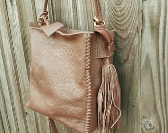 Rowallan Brown Pebble Leather Crossbody Bag, Tassel Messenger