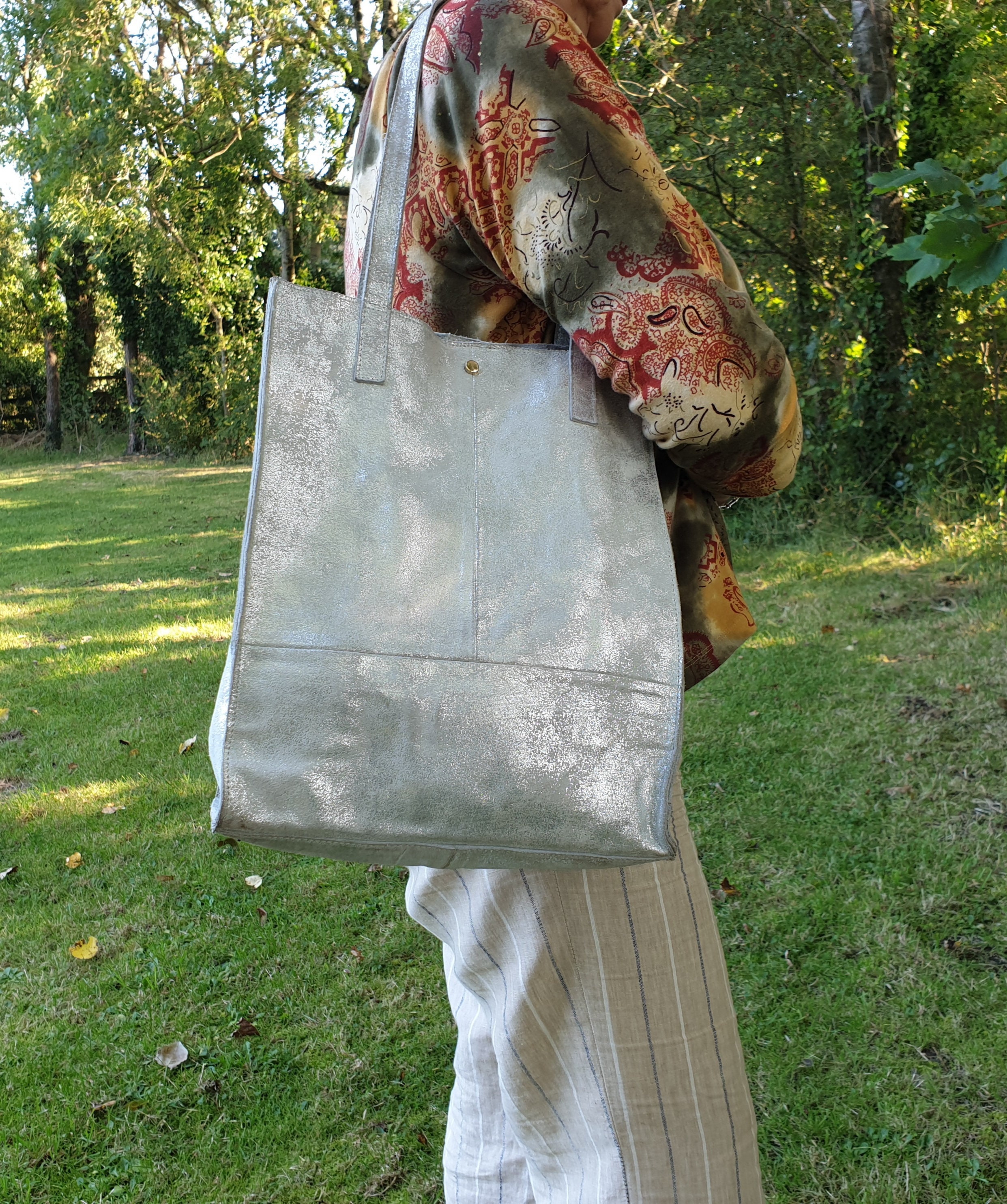 Silver Leather Tote Oversized Tote Bag Handmade With Metallic 