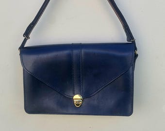 Vintage Navy Blue Leather Satchel Shoulder Bag: 80s Crossbody Messenger Purse