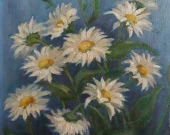 Daisy, Michaelmas,  Original Oil Painting On Board, White Swan Asters Still Life, Signed D. Shaw