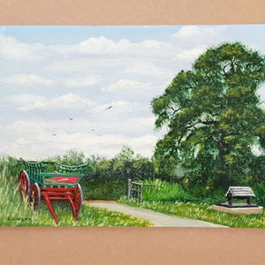 Alter Bauernhof Heuwagen in einer englischen Suffolk-Landschaft Originales Ölgemälde signiert vom Künstler L. G. Went, Vintage Pferdewagen in einer Landschaft
