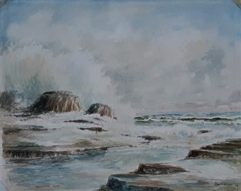 English Seascape Original Watercolour Painting: Pounding Surf, Signed Harrieson 1978